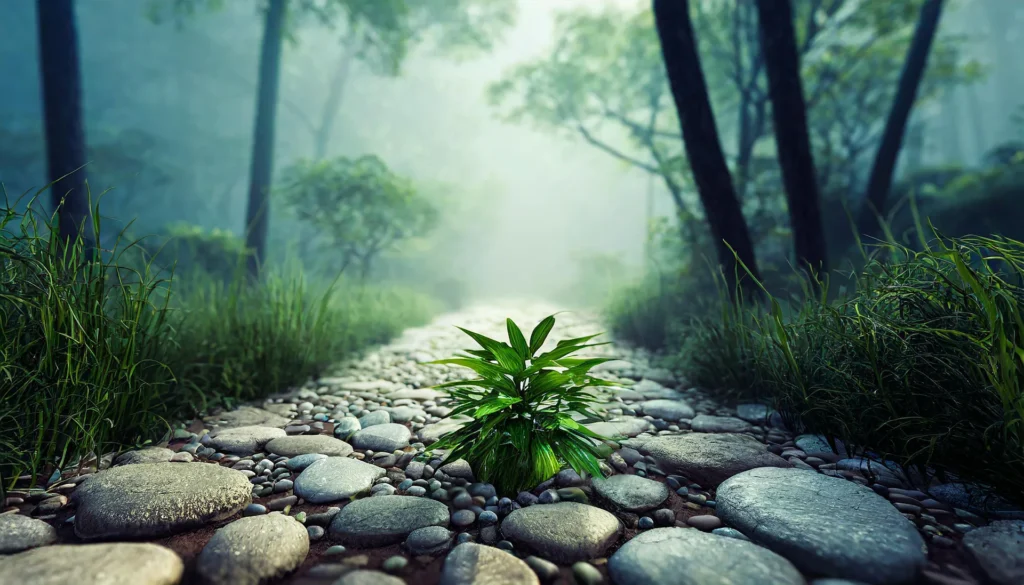 Misty forest pathway with pebbles and greenery.