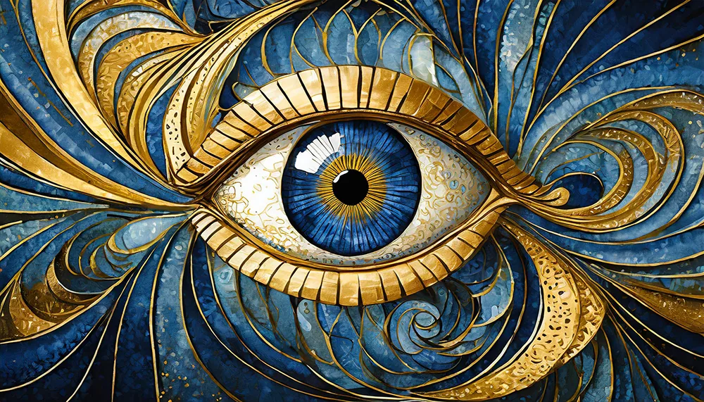 Ornate golden eye illustration on blue background.