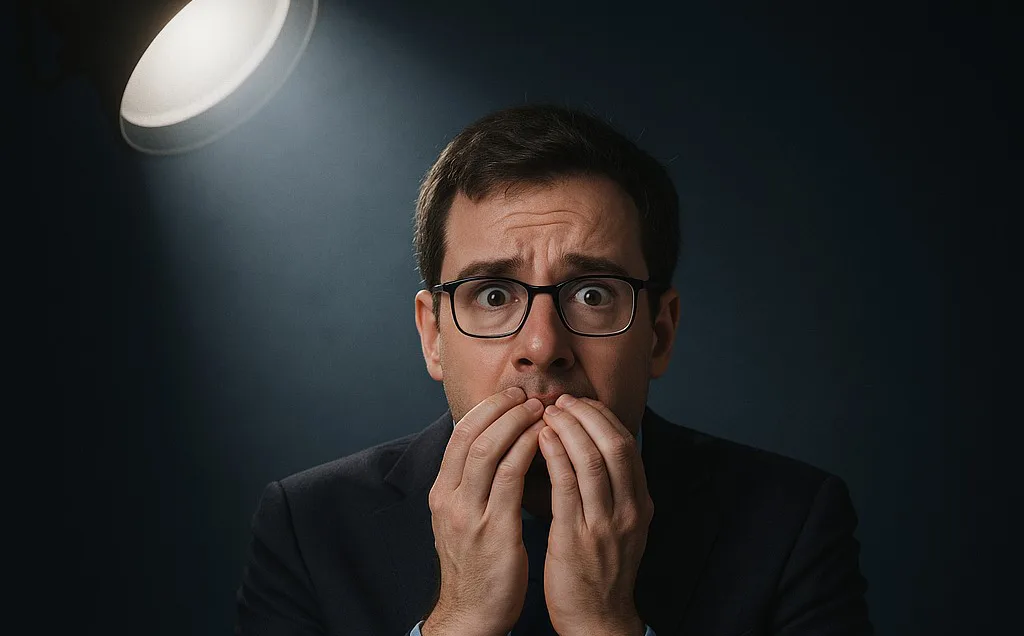 Man under spotlight looking worried and anxious.